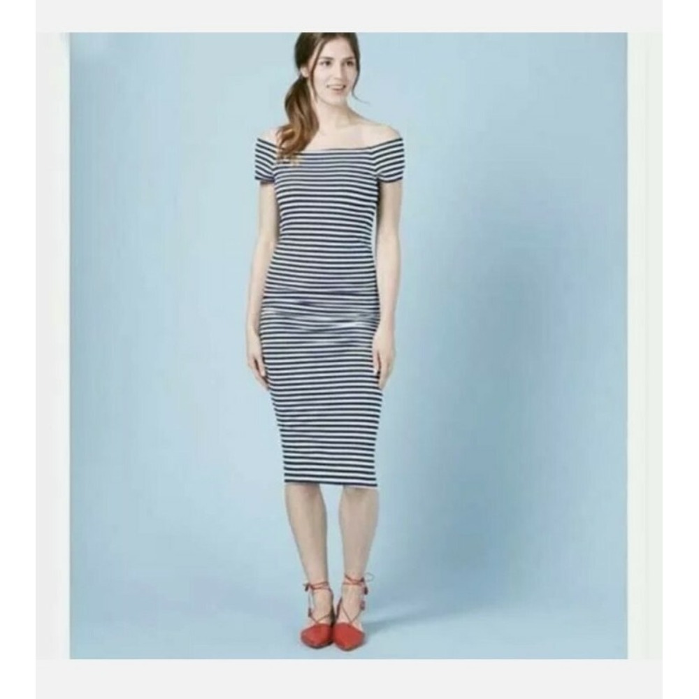 Boden Off The Shoulder Ruched Striped Bodycon Midi Dress Size 12